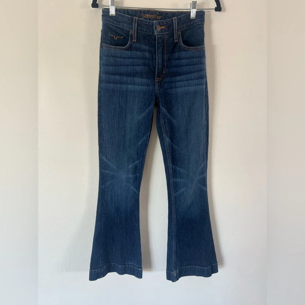 Kimes Ranch Jennifer Dark Wash High Rise Flare Leg With Trouser Hem Jeans - Picture 3 of 11